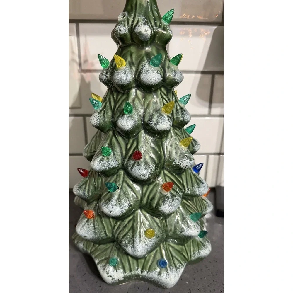 Ceramic Christmas Tree Green With‎ Multi Colored Bulbs Handcrafted Vintage